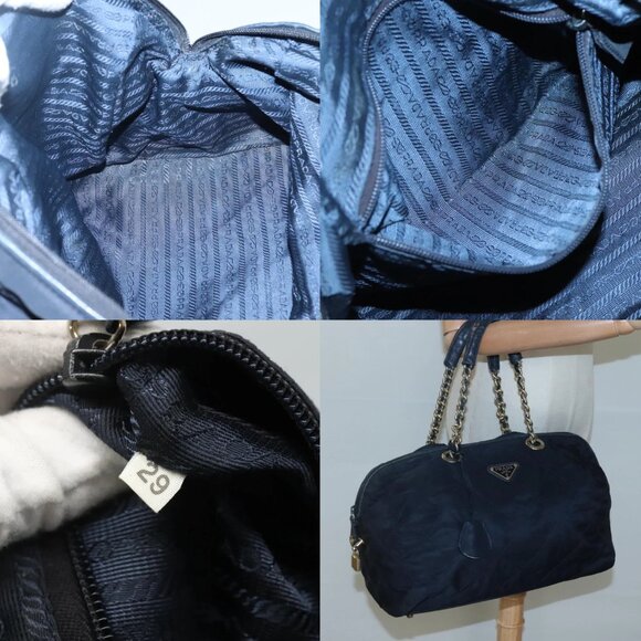 PRADA Chain Shoulder Bag Nylon Navy Gold Auth bs24456